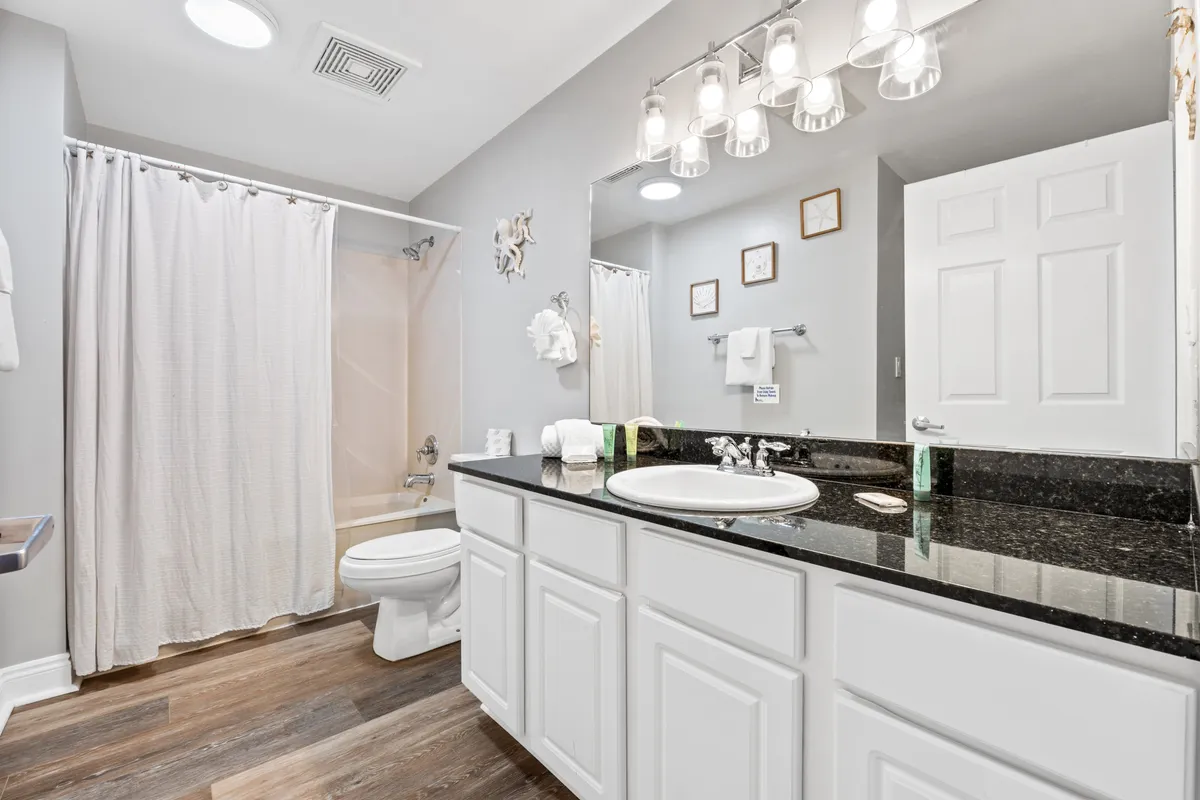 A modern bathroom featuring a black granite countertop vanity with a large mirror, a shower area with a curtain, and decorative wall art. The space is fresh, well-lit, and designed for relaxation and personal care routines.