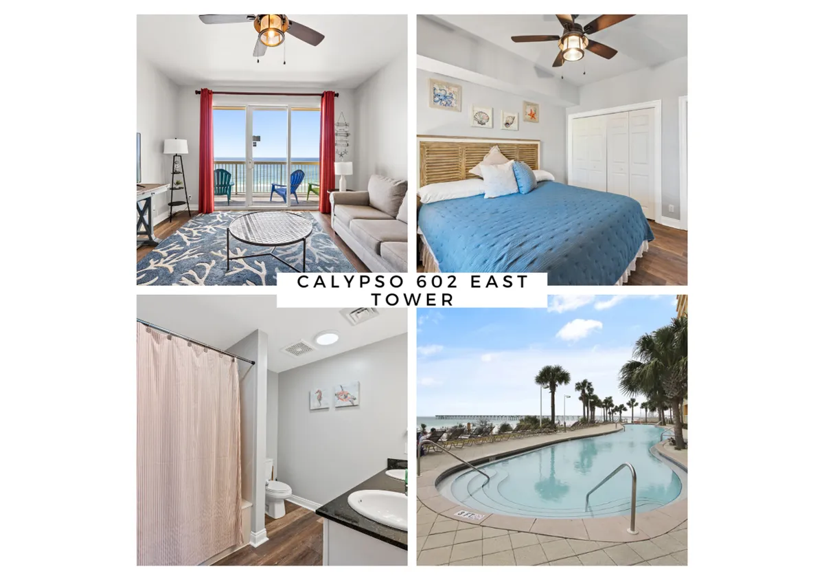 The hero image showcases a light-filled living room with plush seating and coastal decor, opening onto a private, furnished balcony that frames sweeping Gulf views. In the distance, palm trees sway around a sparkling pool area, with the white sand beach and azure ocean stretching beyond.