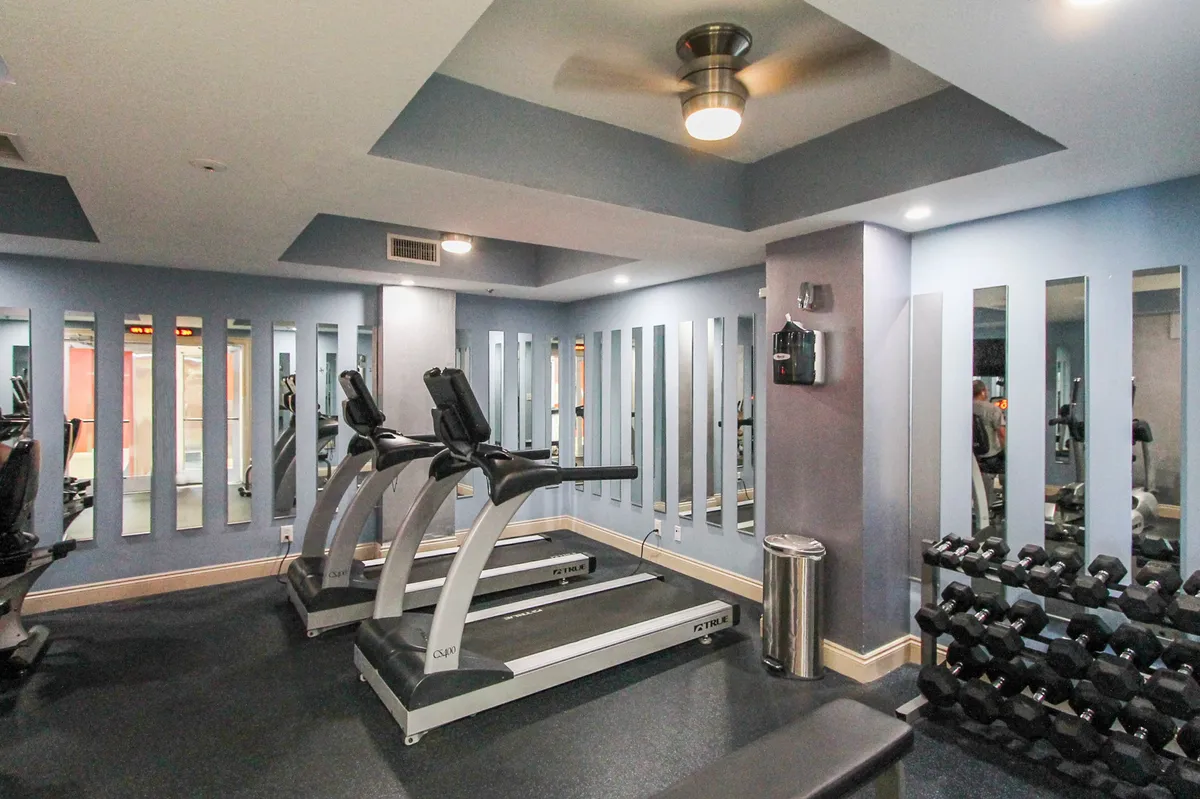 A bright interior fitness center with two treadmills, a wall of mirrors, a free weights rack, and a ceiling fan. The room is clean, energizing, and designed for a variety of workouts.