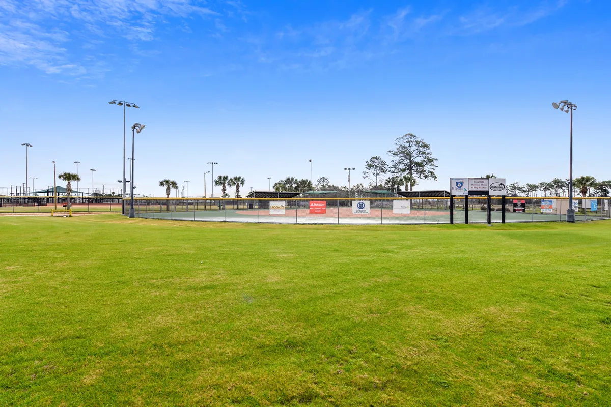 A well-kept baseball/softball field is depicted, with green grass, fencing, and tall light poles ready for nighttime play. Palm trees and distant amusement park structures enhance the local flavor. The field is set for sports, practice, and outdoor family gatherings, reflecting active community recreation.